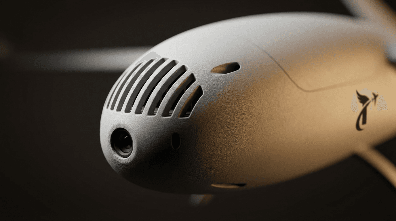 Close-up of the Stork VTOL nose section showing camera module and ventilation design