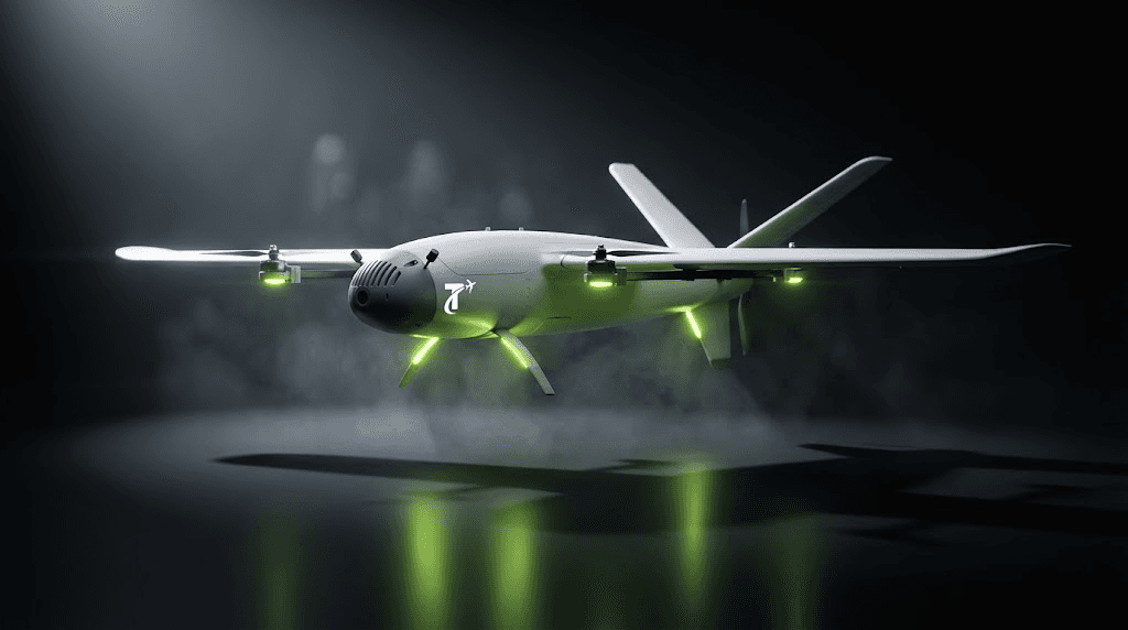 Stork VTOL hovering in studio with atmospheric fog